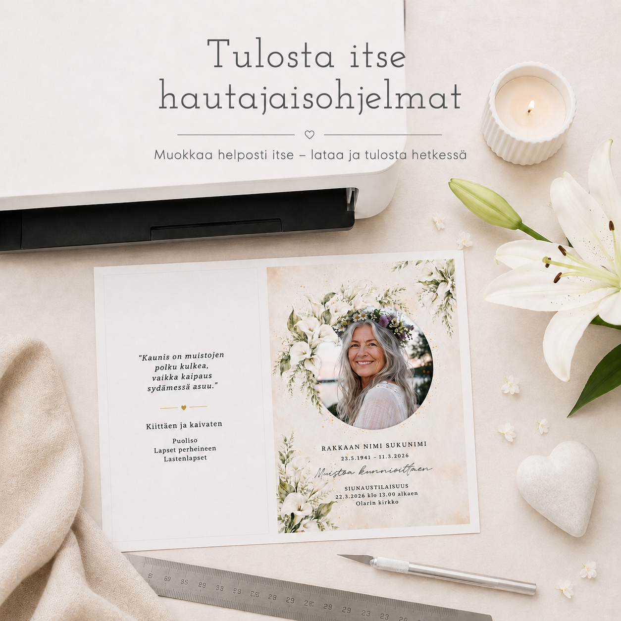 Hautajaisohjelmat – tulostettavat ja muokattavat hautajaisohjelmat PDF-muodossa, valkoiset liljat, siunaustilaisuus ja muistotilaisuus.