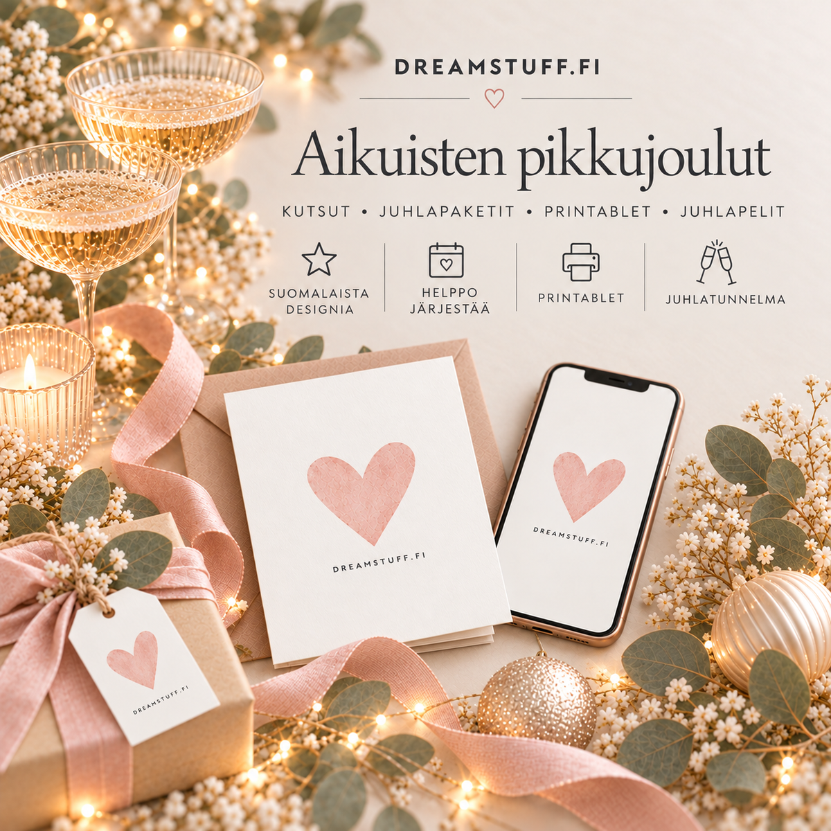 Aikuisten pikkujoulut – digitaaliset kutsut, juhlapaketit, pelit ja printablet tyylikkäisiin joulukauden juhliin