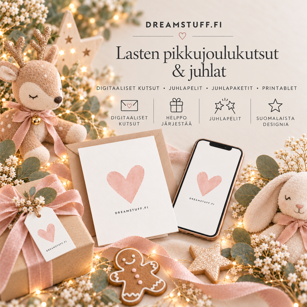 Lasten pikkujoulukutsut ja juhlat -collection-kuva, jossa digitaalinen kutsu, juhlamateriaaleja, lahjapaketti ja vaalea skandinaavinen joulutunnelma.