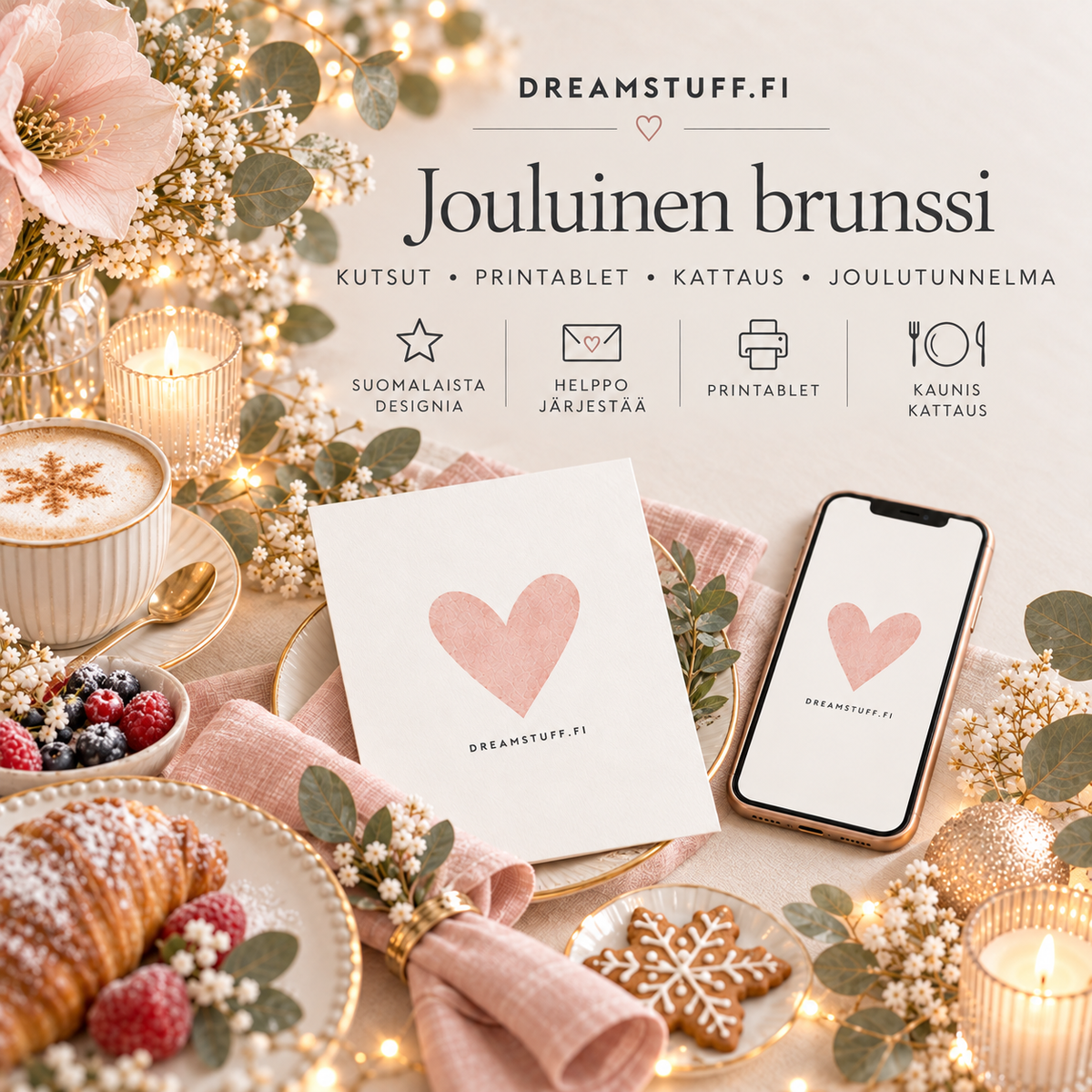 Jouluinen brunssi – digitaaliset kutsut, juhlapaketit ja printablet tunnelmalliseen joulubrunssiin