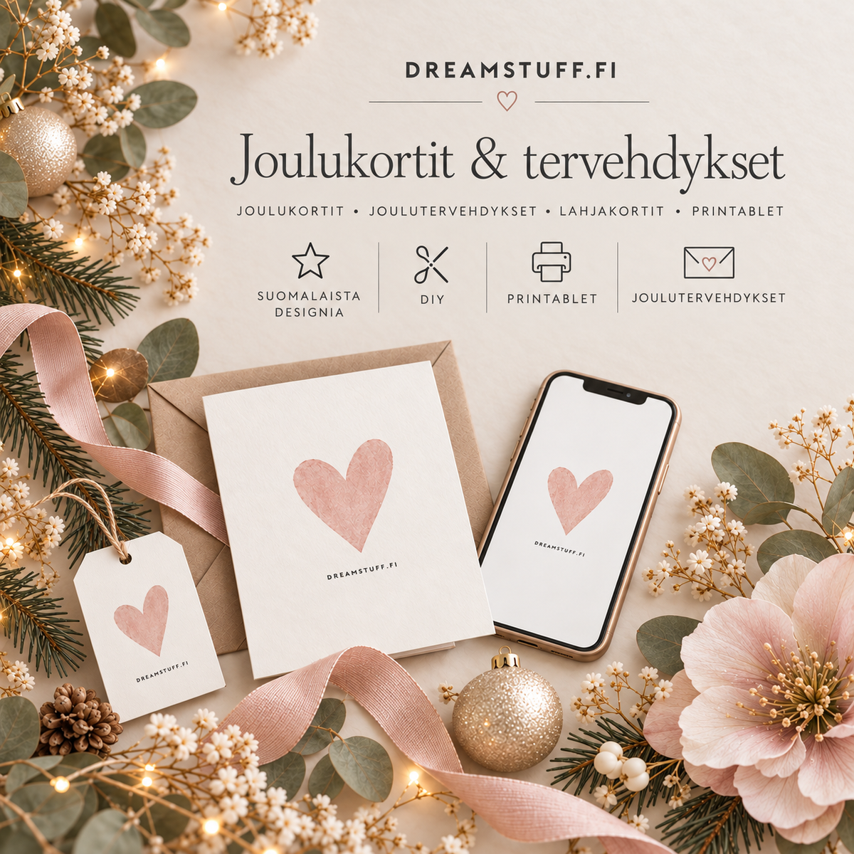 Joulukortit ja tervehdykset -collection kuva Dreamstuffilta – digitaaliset joulukortit, joulutervehdykset ja printable-tervehdykset skandinaavisessa joulutyylissä.