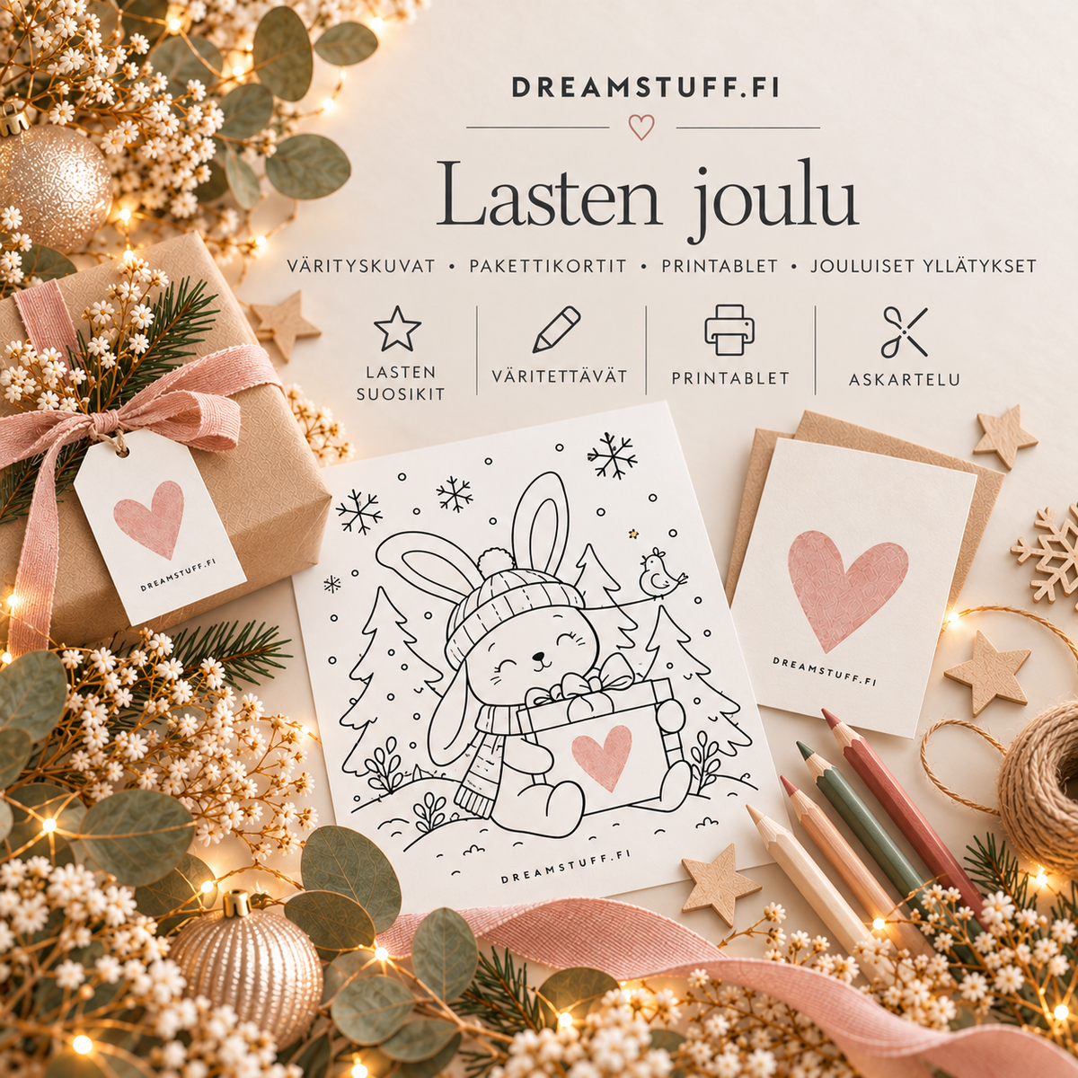 Lasten joulu -collection-kuva, jossa jouluisia lasten printable-tuotteita, värityskuva, pakettikortti, lahjapaketti ja askartelutarvikkeita vaaleassa skandinaavisessa joulutunnelmassa.