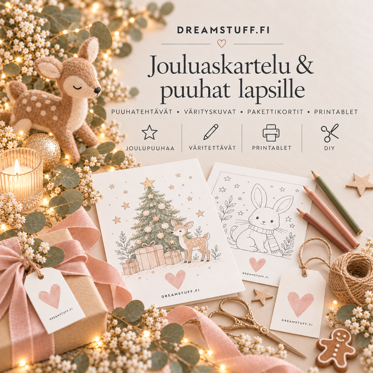 Jouluaskartelu ja puuhat lapsille -collection-kuva, jossa värityskuva, printable-puuhatehtäviä, pakettikortti, värikyniä ja jouluisia askartelutarvikkeita.