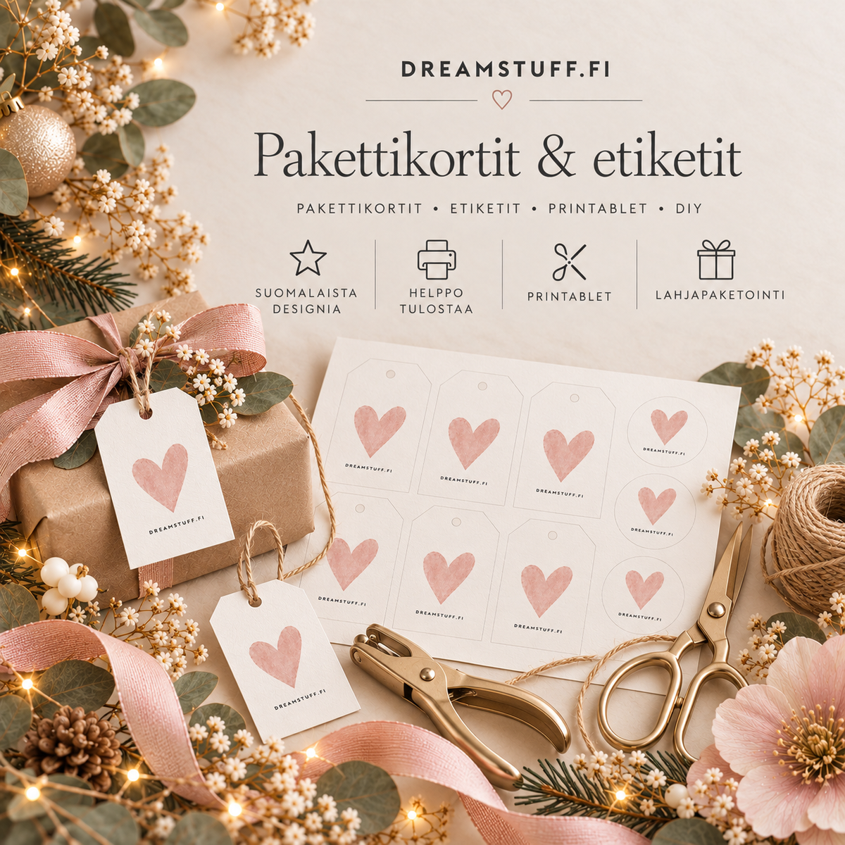 Pakettikortit ja etiketit -collection kuva Dreamstuffilta – tulostettavat pakettikortit, etiketit ja lahjapaketoinnin printable-tuotteet vaaleassa skandinaavisessa joulutyylissä.
