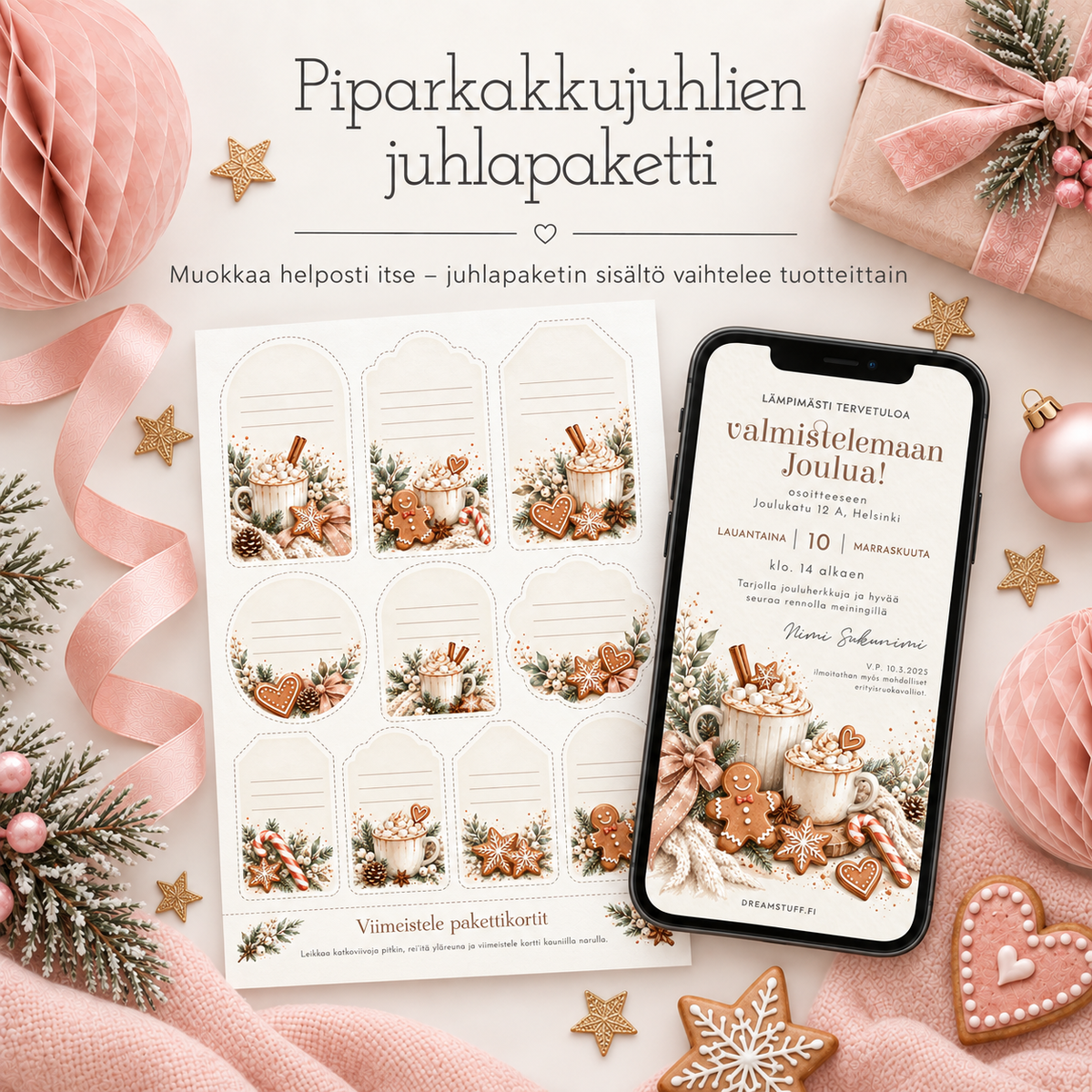 Piparkakkujuhlien juhlapaketti -collection kuva, jossa tulostettava pakettikorttiarkki ja mustanäyttöinen puhelin jouluisessa vaaleassa flat lay -asetelmassa