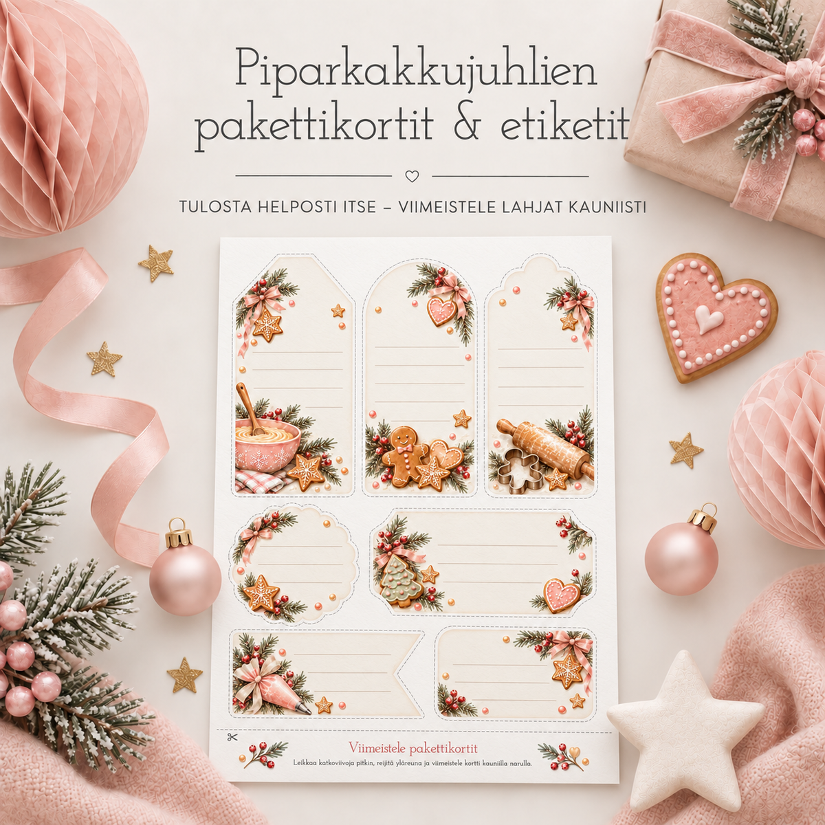Piparkakkujuhlien pakettikortit ja etiketit – tulostettavat jouluiset pakettikortit A4-arkilla vaaleassa Dreamstuff-tyylisessä tuotekuvassa