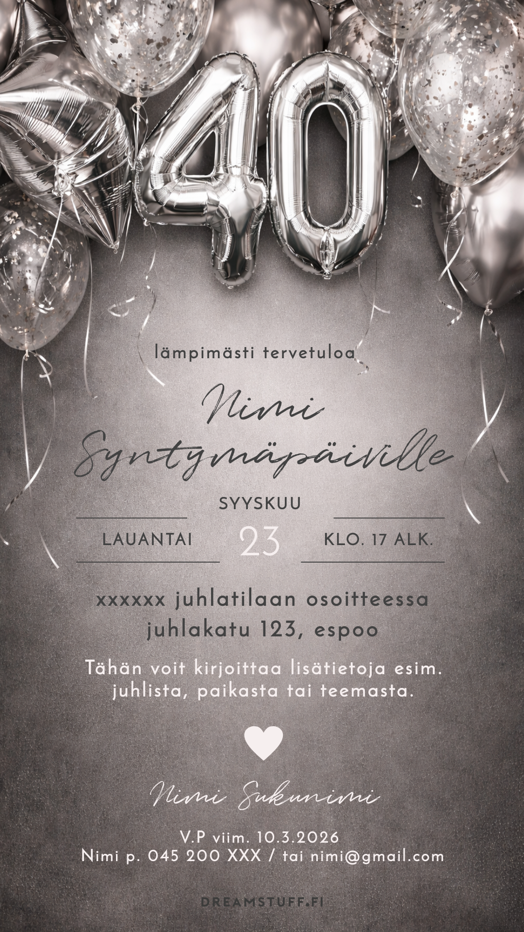 Digitaalinen syntymäpäiväkutsu aikuisille - Ilmapallot 40 vuotta harmaa