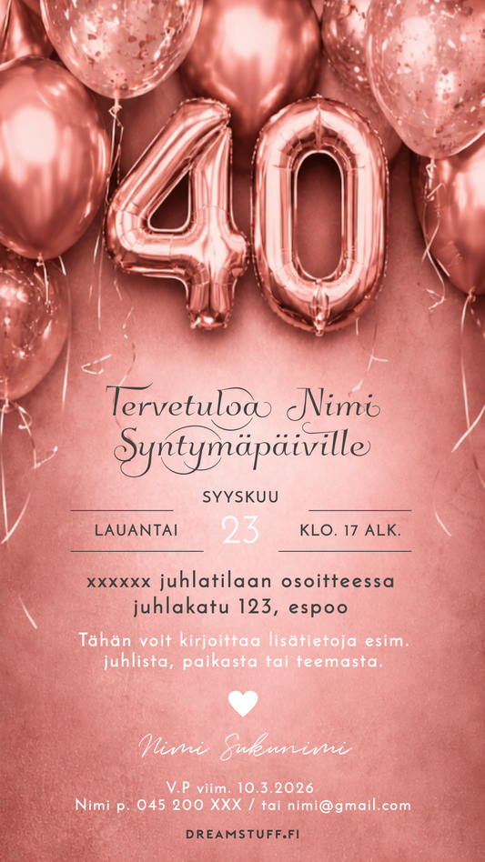Digitaalinen syntymäpäiväkutsu – 40 ilmapallo ruusukulta | Muokattava kutsu JPG