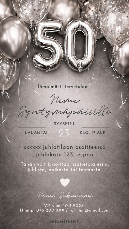 Digitaalinen syntymäpäiväkutsu – 50 ilmapallo harmaa | Muokattava kutsu JPG