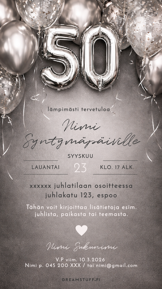 Digitaalinen syntymäpäiväkutsu – 50 ilmapallo harmaa | Muokattava kutsu JPG
