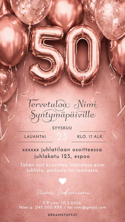 digitaalinen syntymäpäiväkutsu 50 vuotiaalle aikuisille helposti muokattava