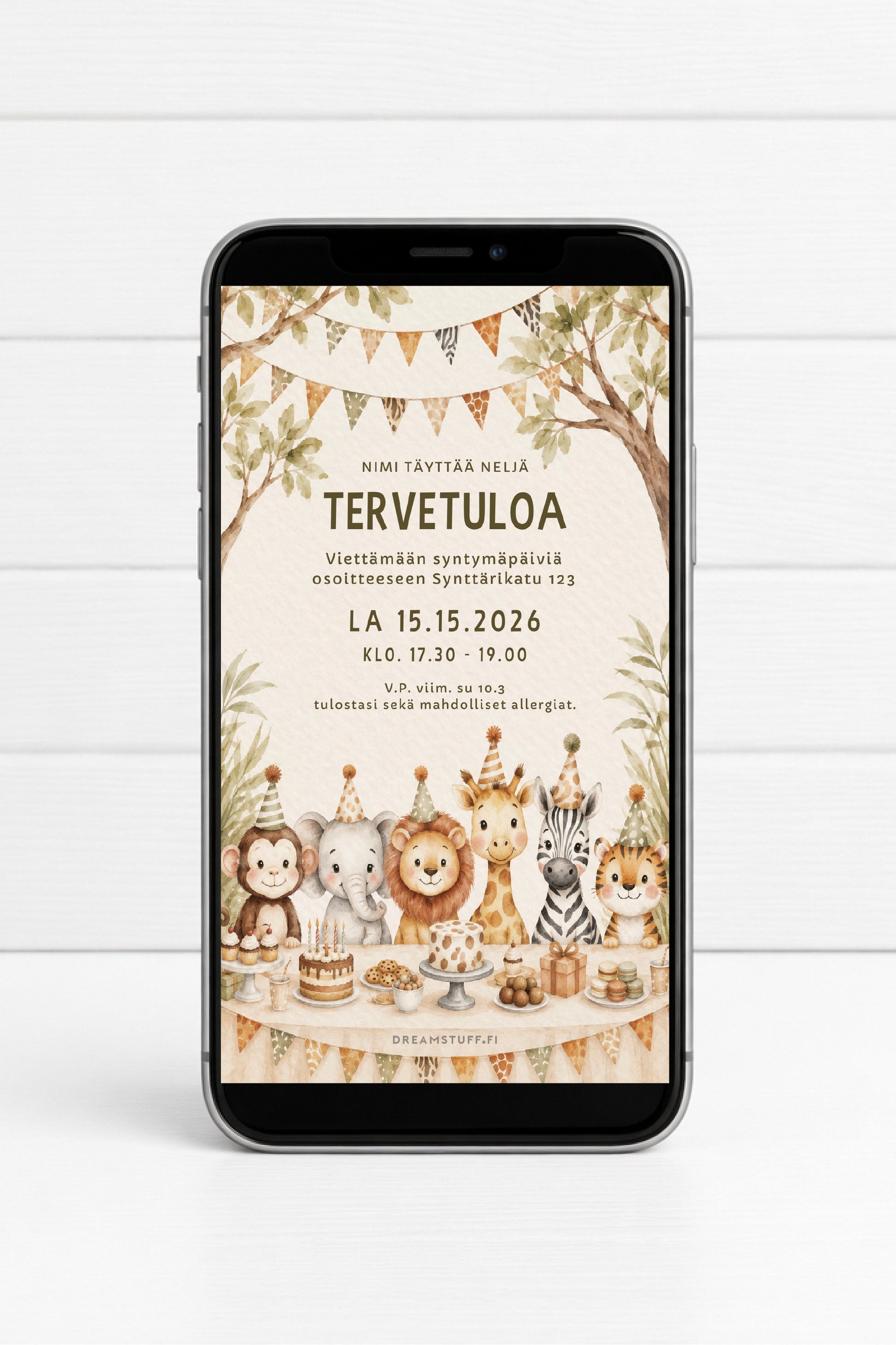 Safari Party digitaalinen lasten synttärikutsu – vesivärityylinen safari eläin kutsupohja viidakkoteemaan | Dreamstuff