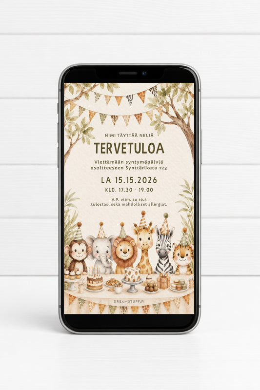 Safari Party digitaalinen lasten synttärikutsu – vesivärityylinen safari eläin kutsupohja viidakkoteemaan | Dreamstuff