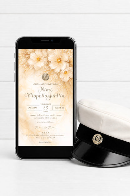 Digitaalinen ylioppilaskutsu puhelimen näytöllä, kutsu jonka voi lähettää helposti WhatsAppilla vieraille
