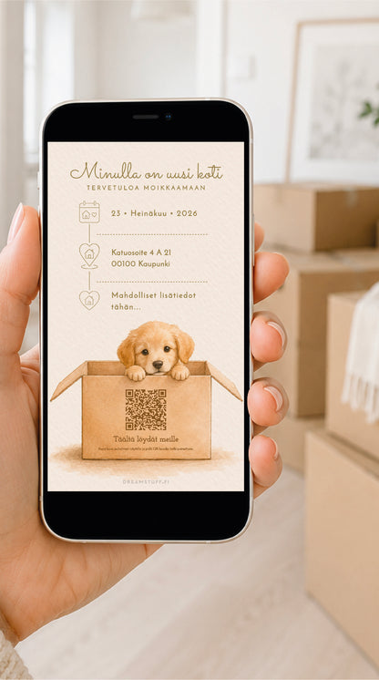 Digitaalinen muuttoilmoitus koiranpennulla muuttolaatikossa. Muokattava sähköinen muuttoilmoitus, jossa QR-koodi, uusi osoite ja tuparikutsu. Helppo lähettää WhatsAppilla tai sähköpostilla.