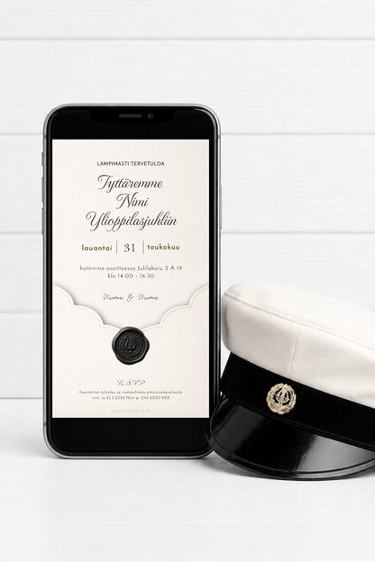 Digitaalinen ylioppilaskutsu + kiitoskortit paketti - Musta sinetti | Muokattava kutsu ja kiitoskortti heti käyttöön