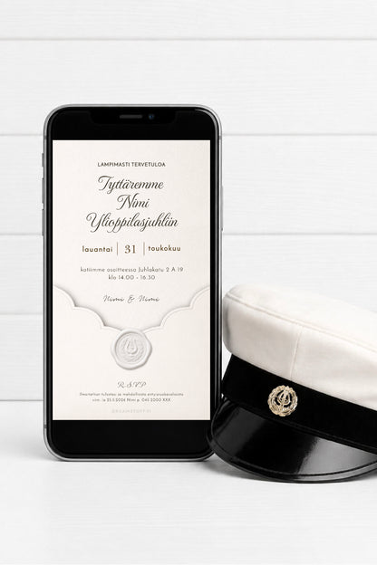 Digitaalinen ylioppilaskutsu – Valkoinen sinetti | Muokattava kutsu JPG
