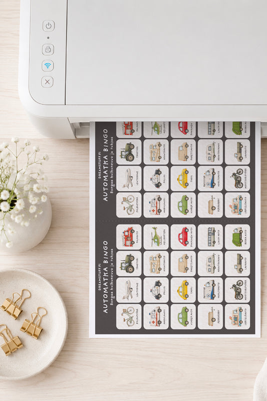Automatkabingo lapsille – tulostettava bingo automatkoille. Bingokorteissa etsitään erilaisia kulkuneuvoja kuten paloautoa, traktoria, lentokonetta, taksia, helikopteria ja linja-autoa. Hauska matkaleikki koko perheelle.