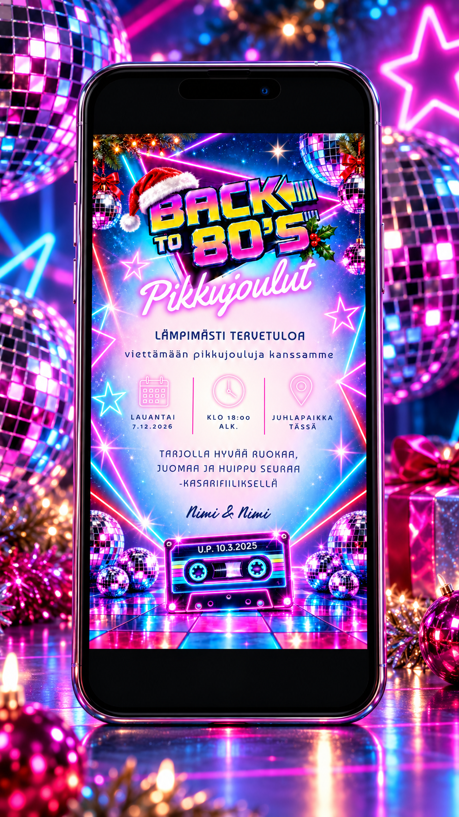 Digitaalinen pikkujoulukutsu – Back to 80`s | Muokattava kutsu (JPG)