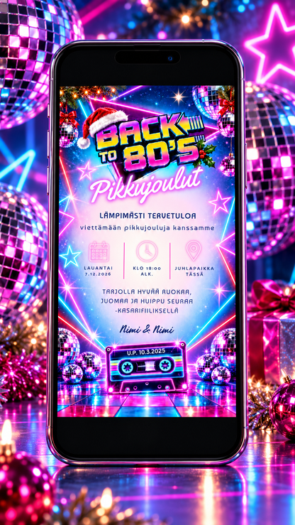 Digitaalinen pikkujoulukutsu – Back to 80`s | Muokattava kutsu (JPG)
