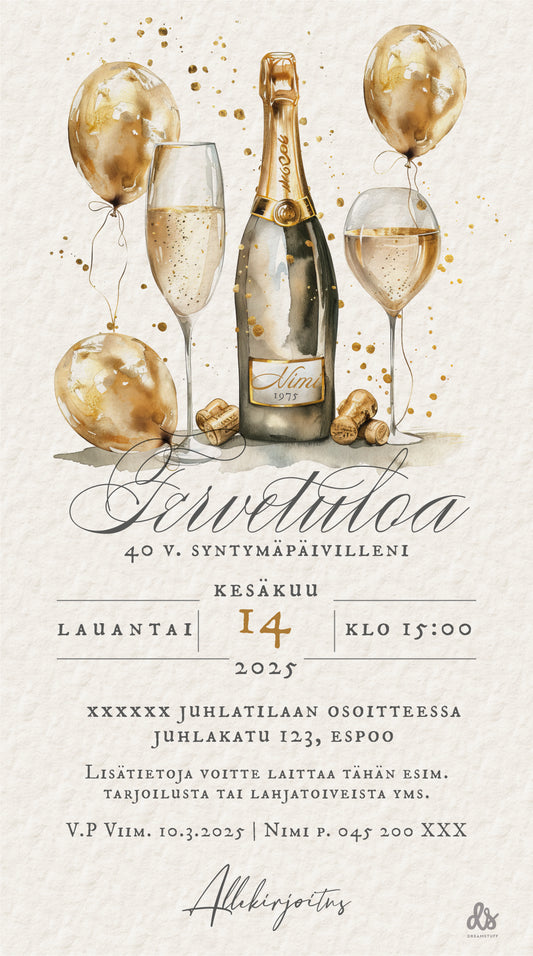Digitaalinen syntymäpäiväkutsu aikuisille - Champanja