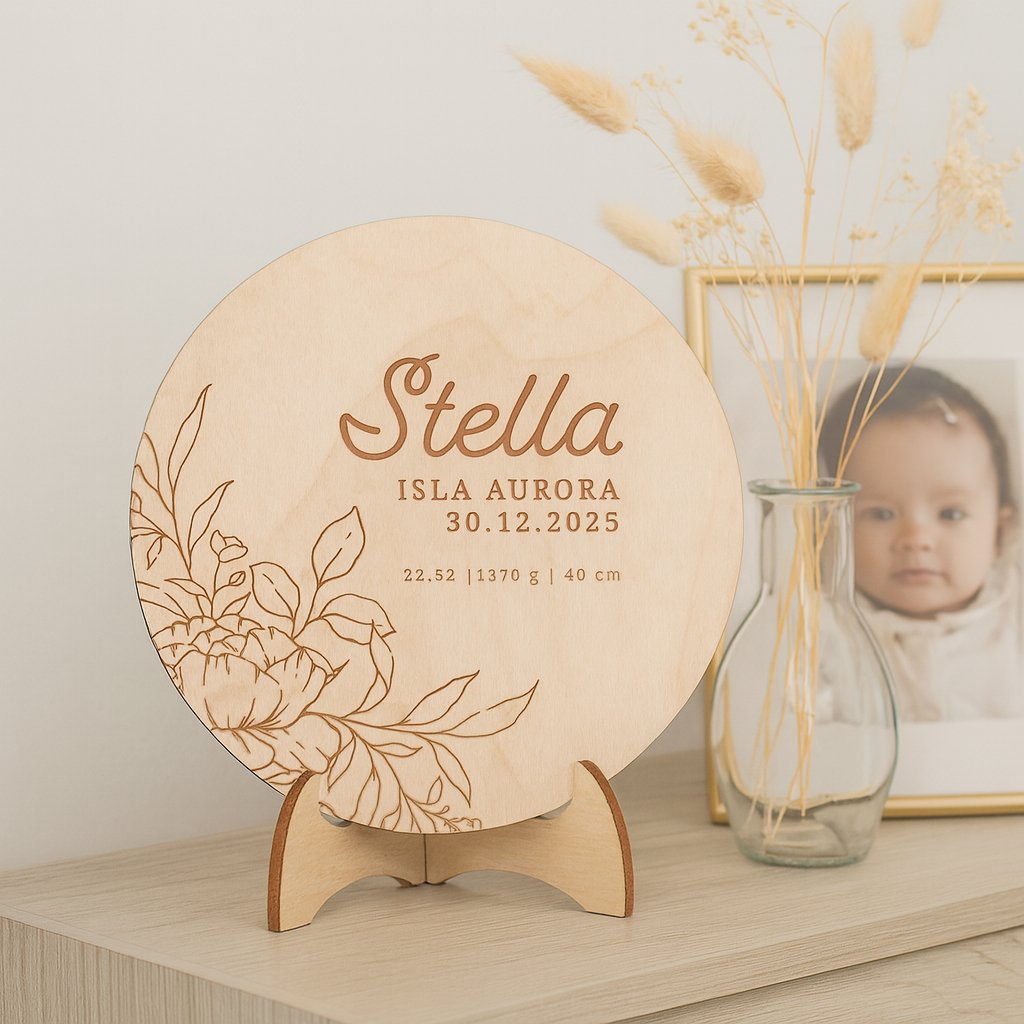 Koivuvanerista valmistettu syntymätaulu, johon on kaiverrettu nimi Stella ja syntymätiedot. Vieressä maljakko kuivakukilla sekä kultakehyksissä vauvan kuva, vauva pukeutunut juhlavaan asuun ja hiuksissa pinni