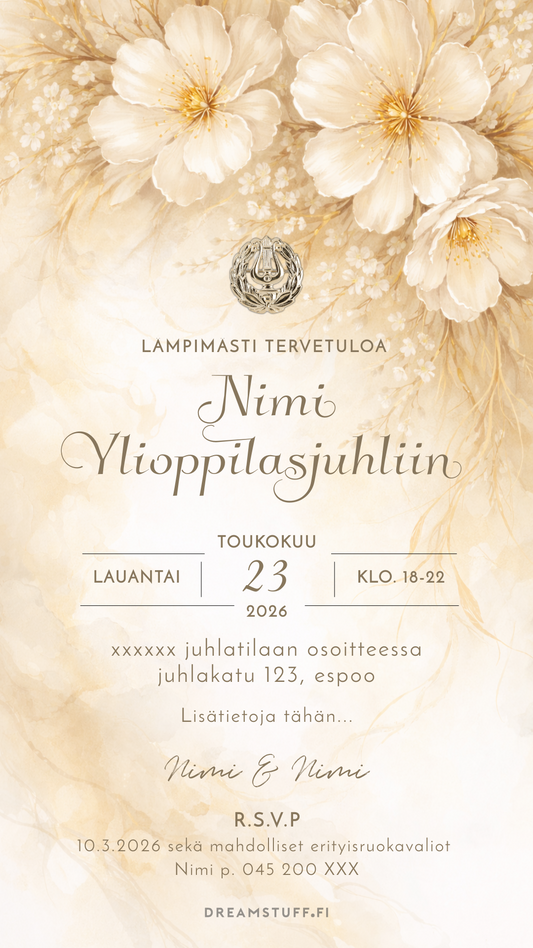Digitaalinen ylioppilaskutsu – kultaiset kukat | Muokattava kutsu JPG