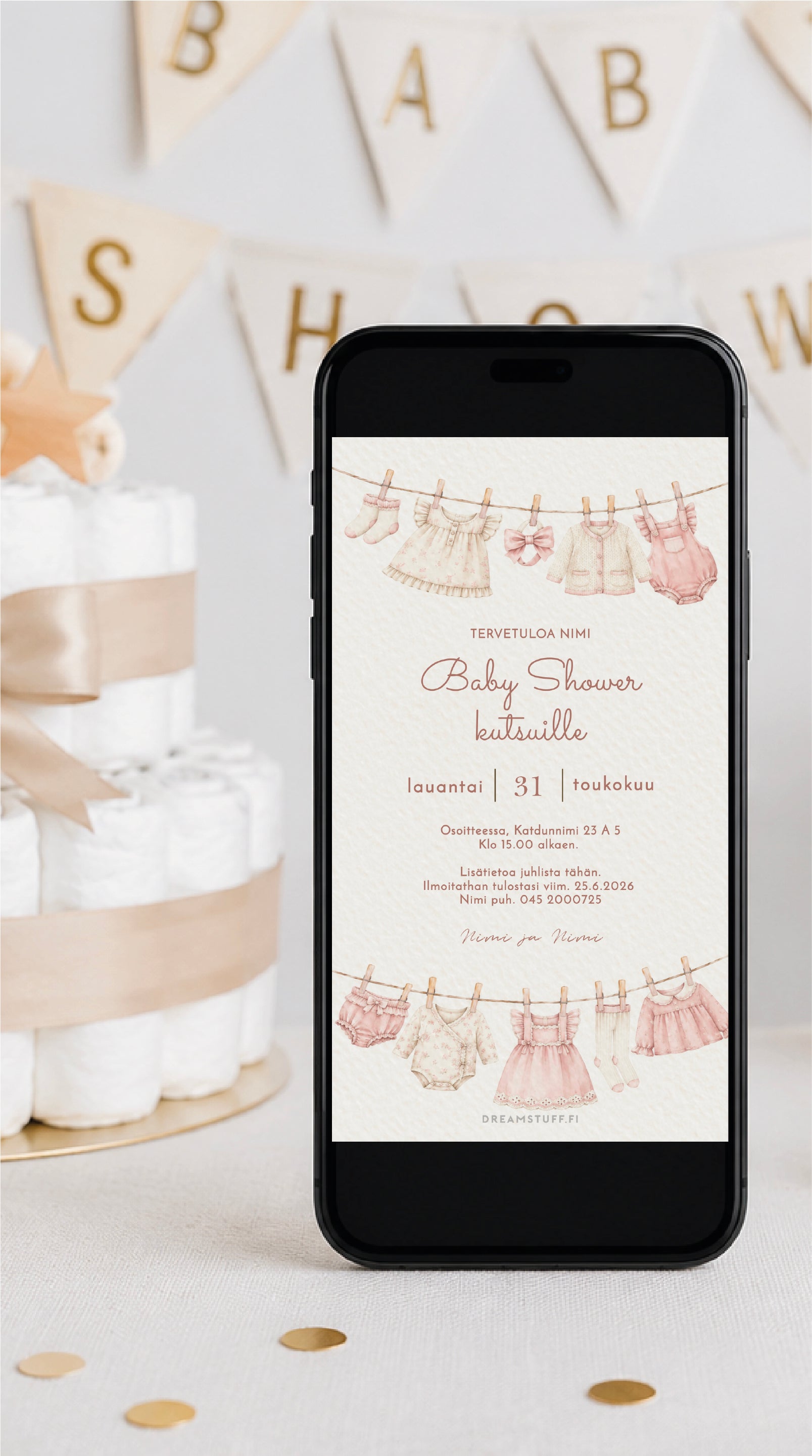 Sähköinen Baby Shower -kutsu tyttövauvalle, vaaleanpunaiset vauvanvaatteet pyykkinarulla ja muokattava digitaalinen kutsupohja.