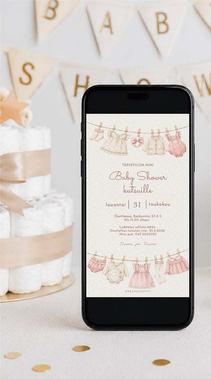 Sähköinen Baby Shower -kutsu tyttövauvalle, vaaleanpunaiset vauvanvaatteet pyykkinarulla ja muokattava digitaalinen kutsupohja.