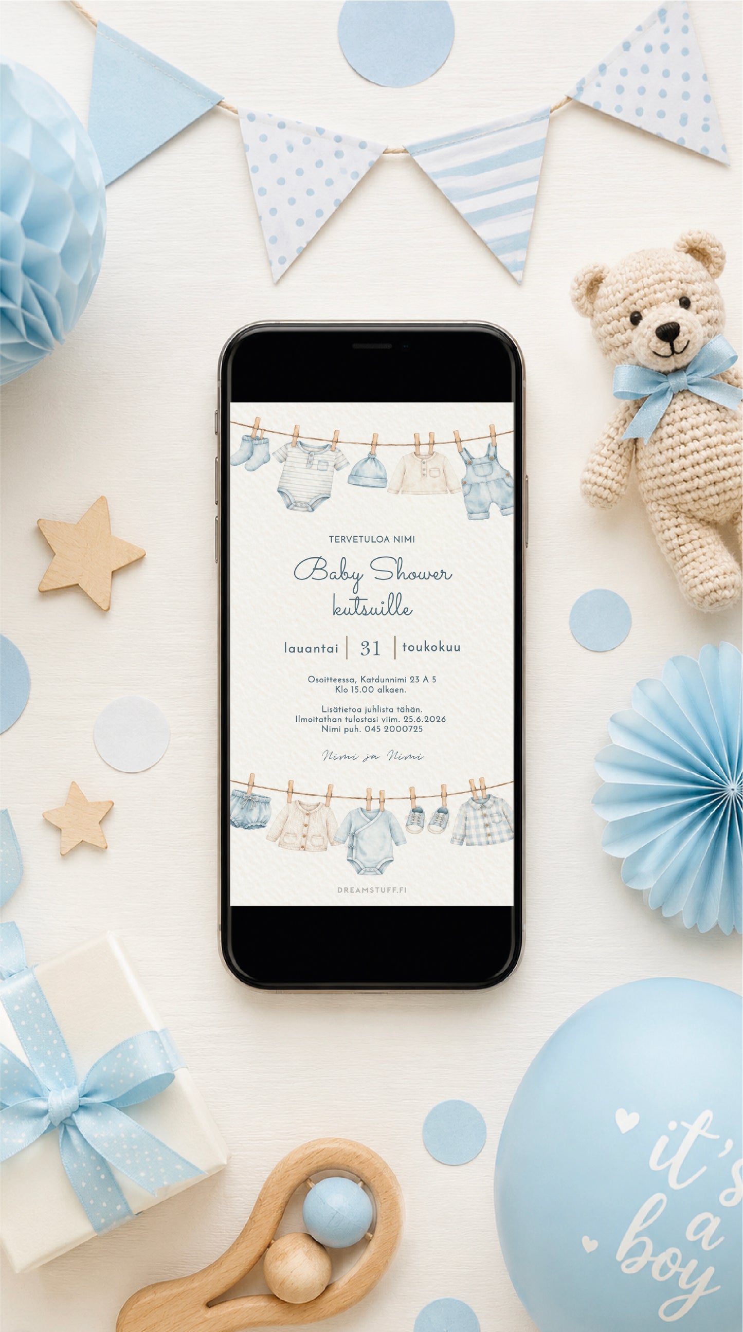Digitaalinen baby shower -kutsu kännykässä vaaleansinisten vauvajuhlakoristeiden ympäröimänä – poikavauvan baby shower -kutsu, sähköinen kutsu vauvajuhliin.
