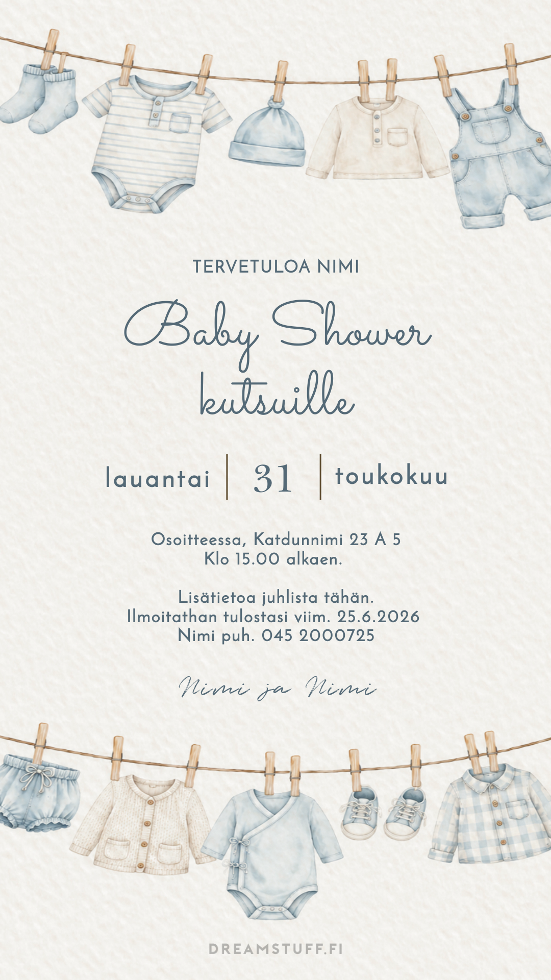 Digitaalinen baby shower -kutsu poikavauvalle, vesivärityyliset vauvanvaatteet pyykkinarulla – muokattava sähköinen kutsu vauvajuhliin.