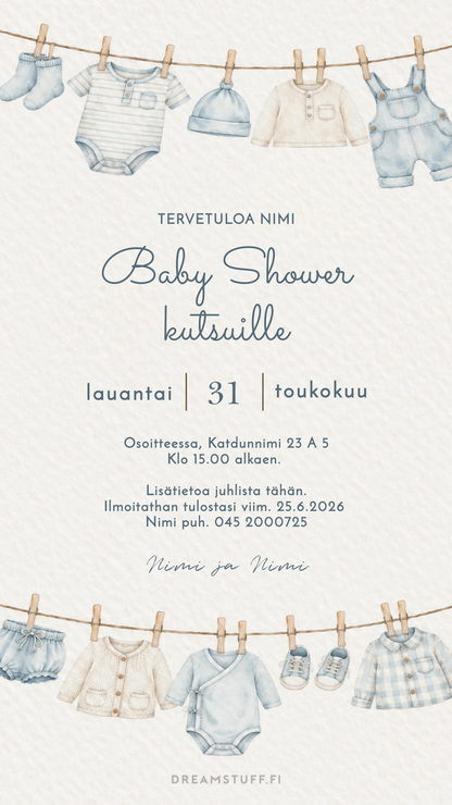 Digitaalinen baby shower -kutsu poikavauvalle, vesivärityyliset vauvanvaatteet pyykkinarulla – muokattava sähköinen kutsu vauvajuhliin.