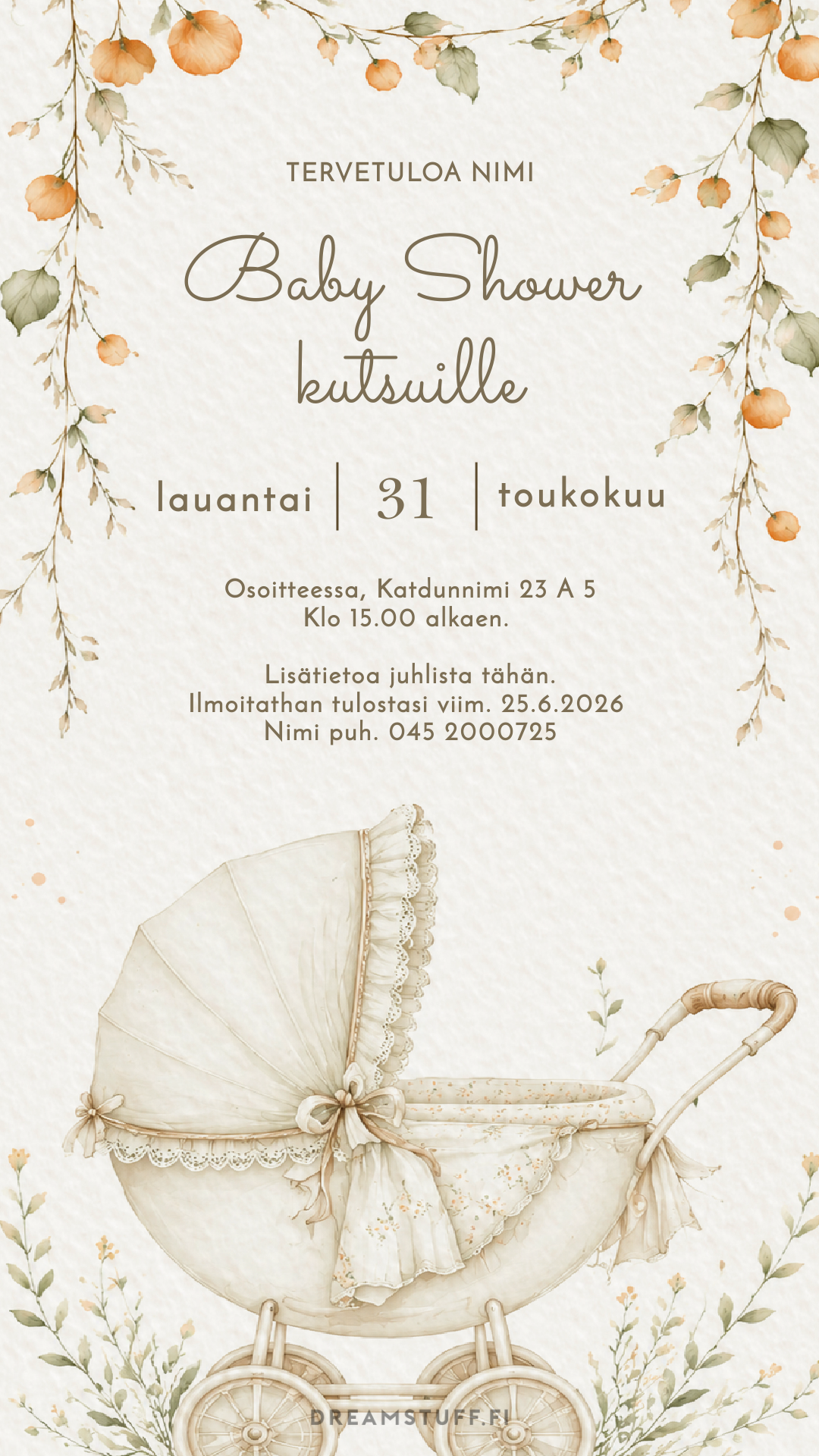 Muokattava digitaalinen baby shower -kutsu, jossa vintage lastenrattaat ja kukkaköynnös. Persikan ja salvianvihreän sävyinen vauvakutsu baby shower -juhlaan. Sähköinen kutsu vauvajuhliin.