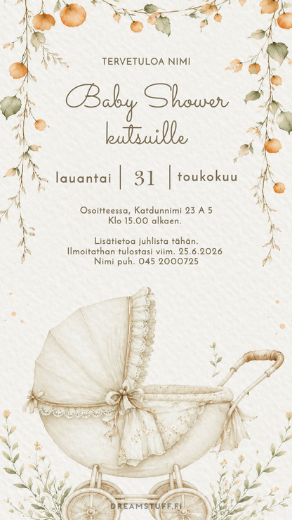 Muokattava digitaalinen baby shower -kutsu, jossa vintage lastenrattaat ja kukkaköynnös. Persikan ja salvianvihreän sävyinen vauvakutsu baby shower -juhlaan. Sähköinen kutsu vauvajuhliin.