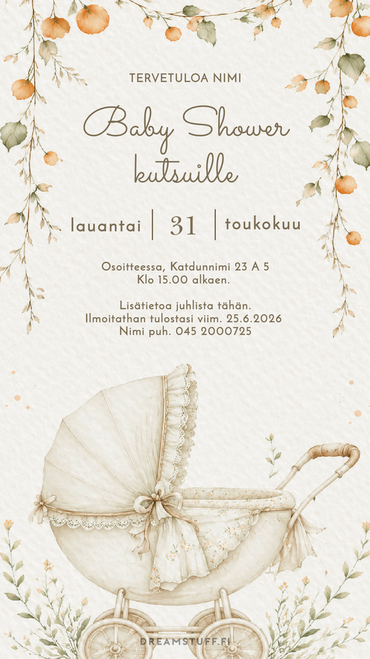 Muokattava digitaalinen baby shower -kutsu, jossa vintage lastenrattaat ja kukkaköynnös. Persikan ja salvianvihreän sävyinen vauvakutsu baby shower -juhlaan. Sähköinen kutsu vauvajuhliin.