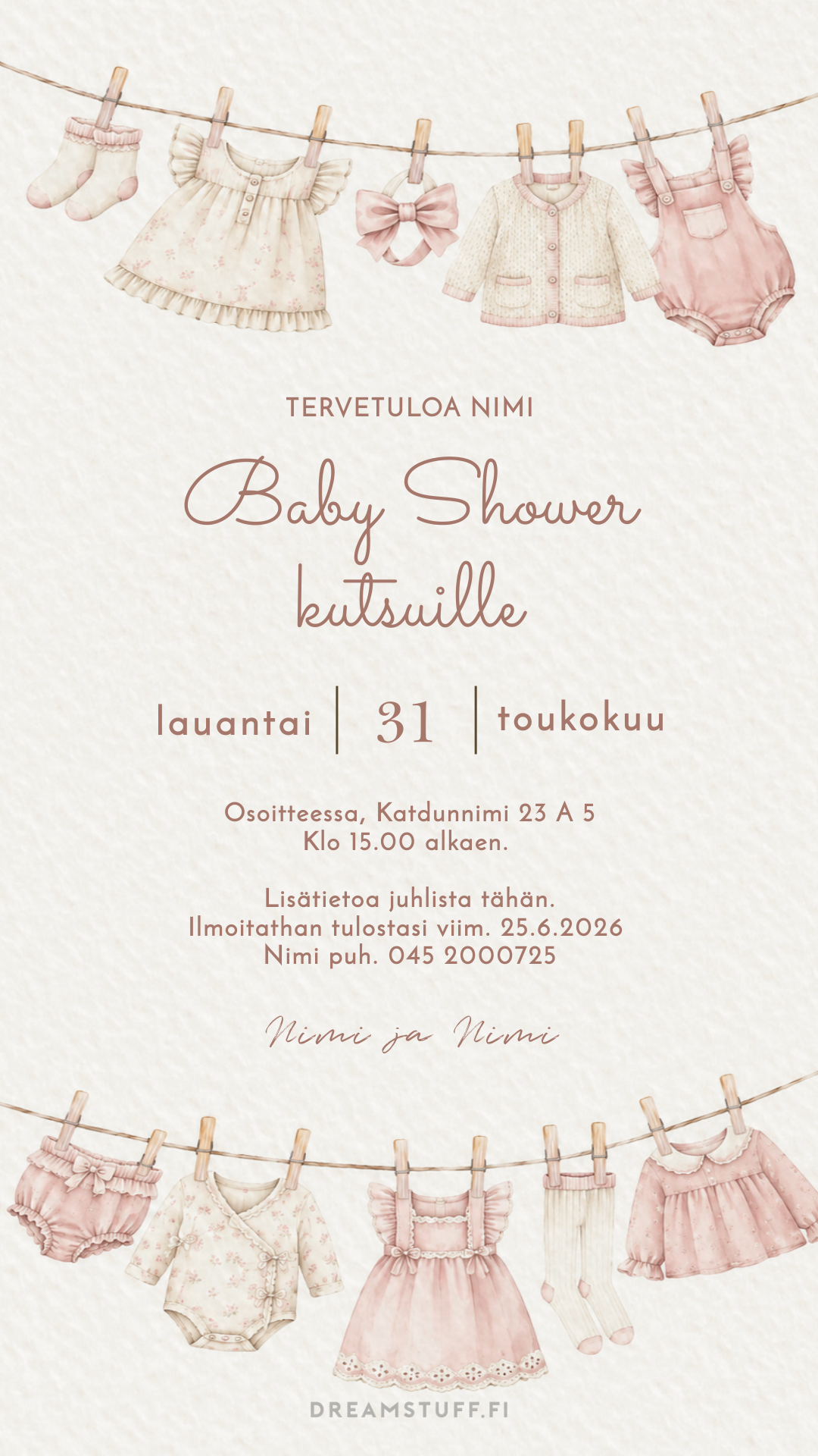 Digitaalinen Baby Shower -kutsu tyttövauvalle, vaaleanpunaiset vauvanvaatteet pyykkinarulla ja muokattava sähköinen kutsu.