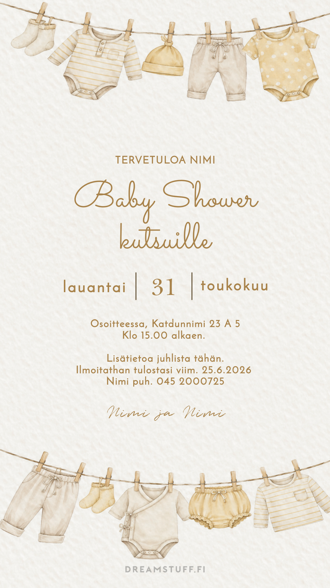 Digitaalinen baby shower -kutsu neutraalilla vaaleankeltaisella värimaailmalla, vauvanvaatteet pyykkinarulla – unisex sähköinen kutsu vauvajuhliin.