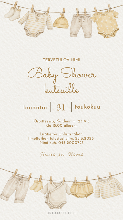 Digitaalinen baby shower -kutsu neutraalilla vaaleankeltaisella värimaailmalla, vauvanvaatteet pyykkinarulla – unisex sähköinen kutsu vauvajuhliin.