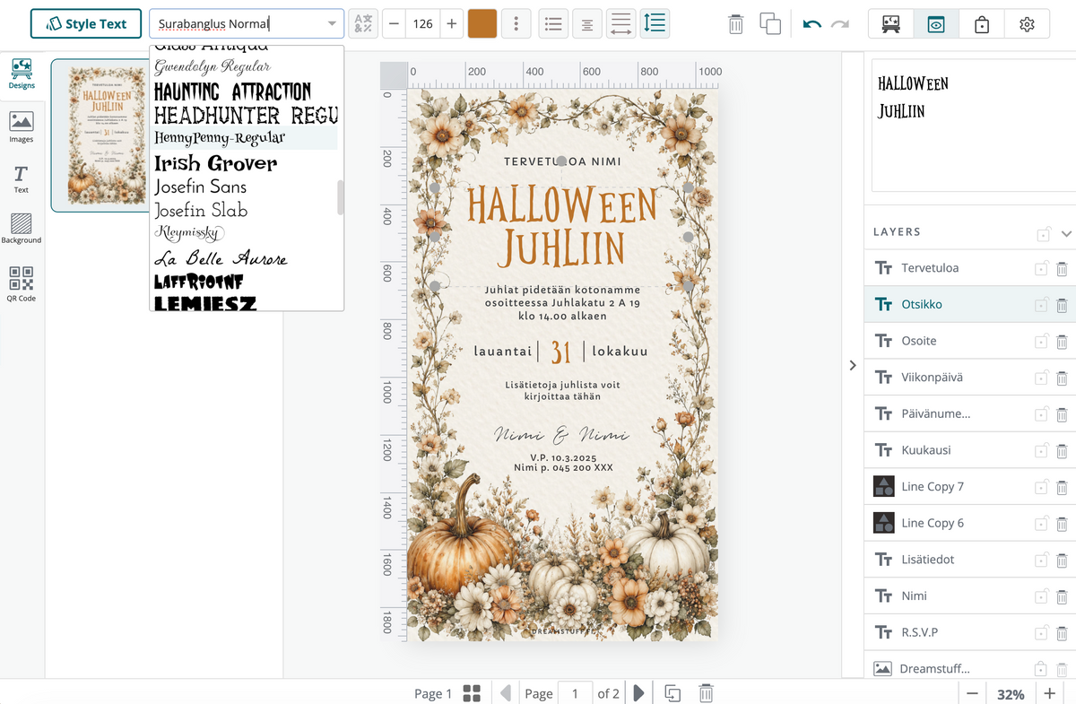 Digitaalinen Halloween kutsu – Kurpitsa | Muokattava kutsu (JPG)