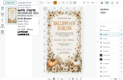 Digitaalinen Halloween kutsu – Kurpitsa | Muokattava kutsu (JPG)