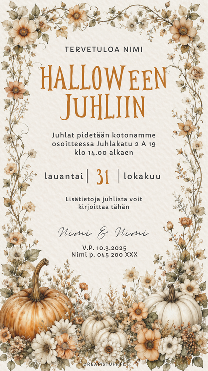 Digitaalinen Halloween kutsu – Kurpitsa | Muokattava kutsu (JPG)