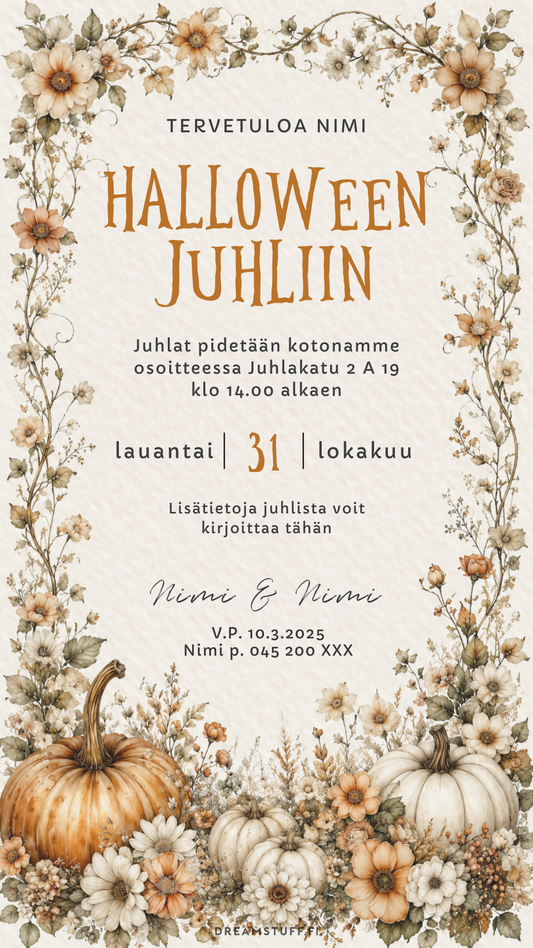 Digitaalinen Halloween kutsu – Kurpitsa | Muokattava kutsu (JPG)