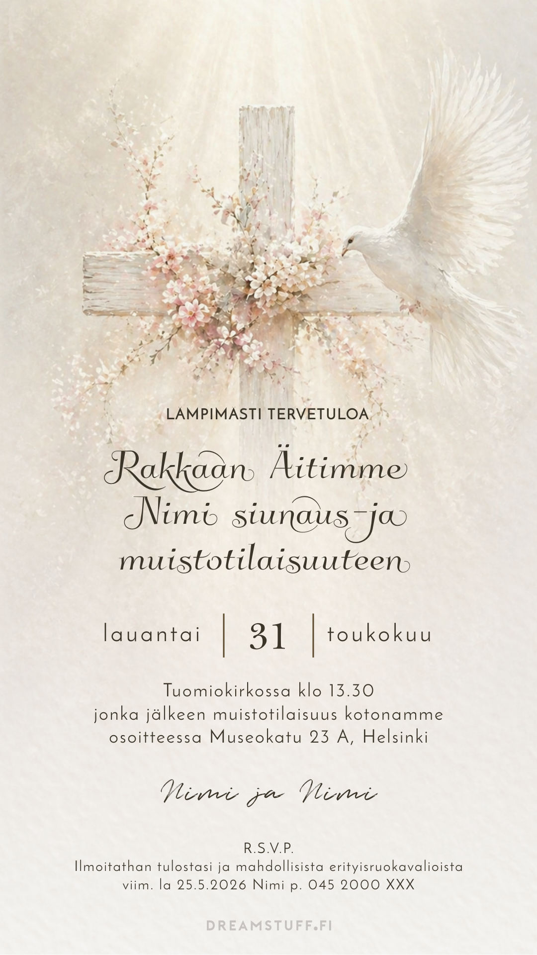 hautajaiskutsu malli rauhallinen kutsukortti tilaisuuteen