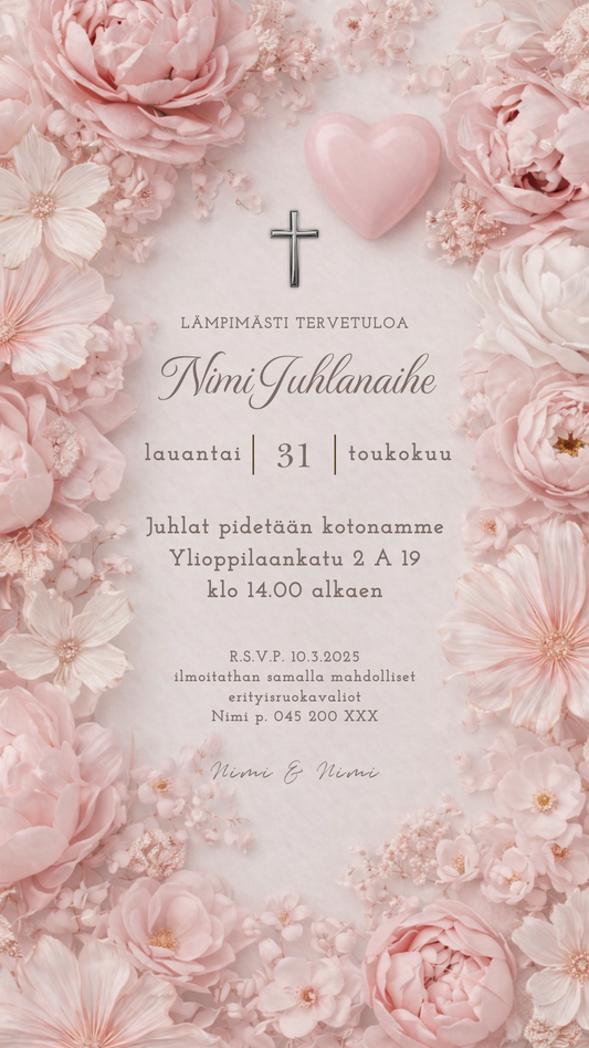 Digitaalinen kutsu kaste / rippijuhlaan - Vaaleanpunainen kukka kehys  | Muokattava kutsu JPG (Copy)