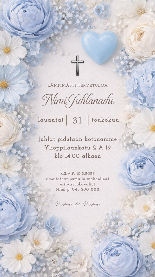 Digitaalinen kutsu kaste / rippijuhlaan - Vaaleansininen kukka kehys  | Muokattava kutsu JPG (Copy) (Copy)