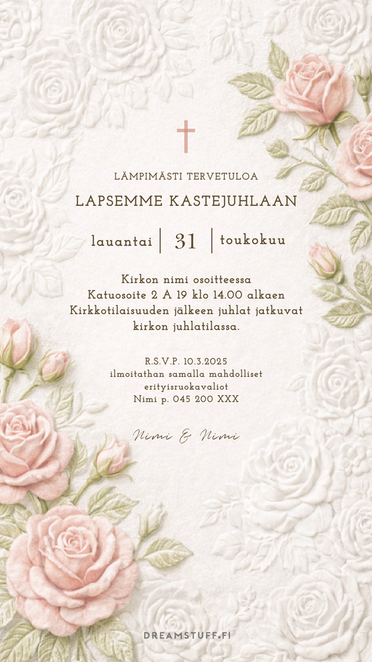 Digitaalinen kutsu kastejuhlaan - Vaaleanpunainen kohoruusu