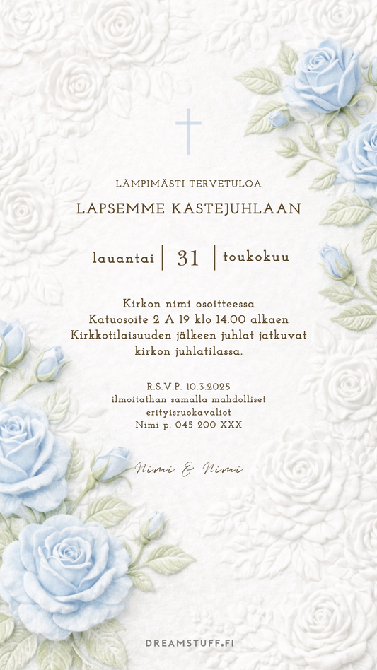 Digitaalinen kutsu kastejuhlaan - Vaaleansininen kohoruusu