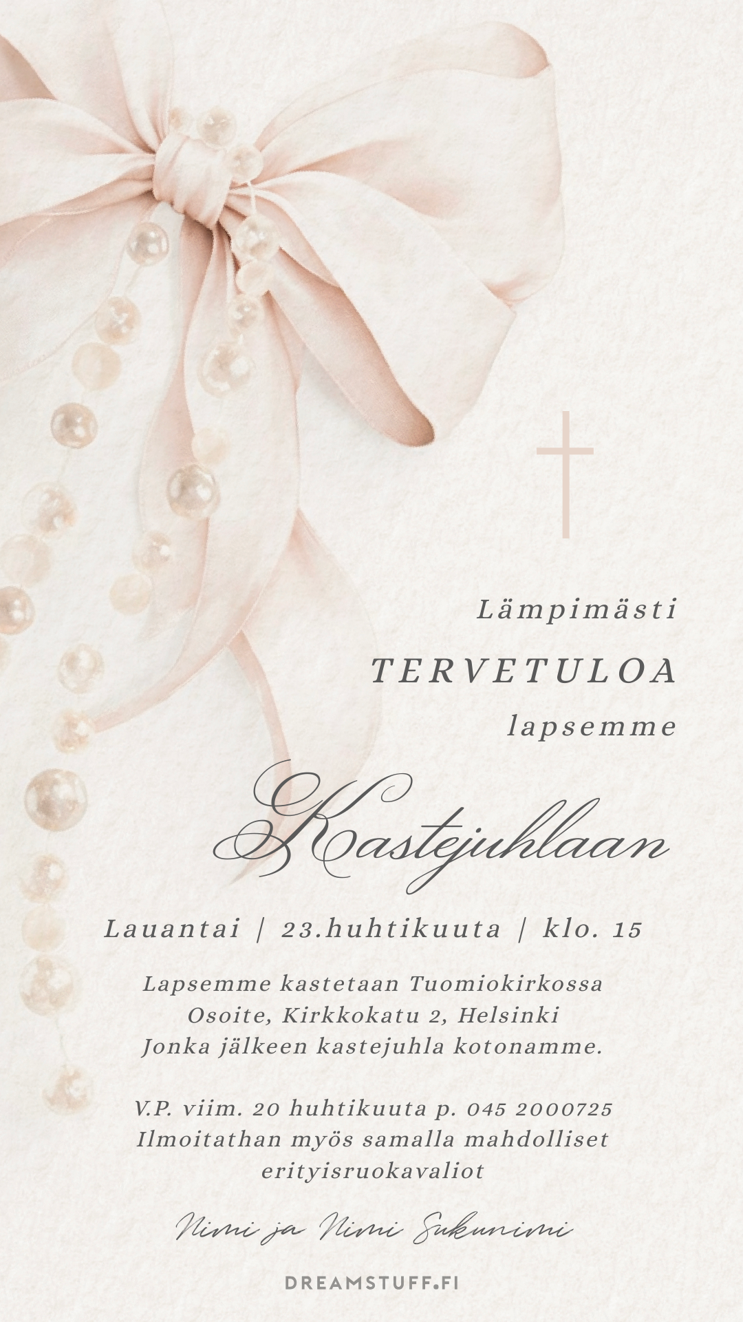 Digitaalinen kutsu kastejuhlaan - Valkoinen rusetti