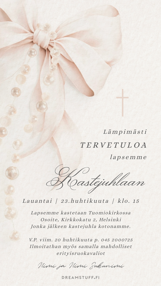 Digitaalinen kutsu kastejuhlaan - Valkoinen rusetti