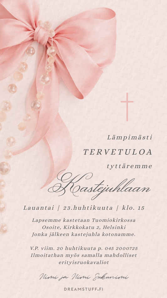 Digitaalinen kutsu kastejuhlaan - Vaaleanpunainen rusetti